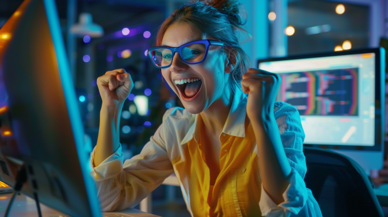 Woman excited about improved AI marketing content.